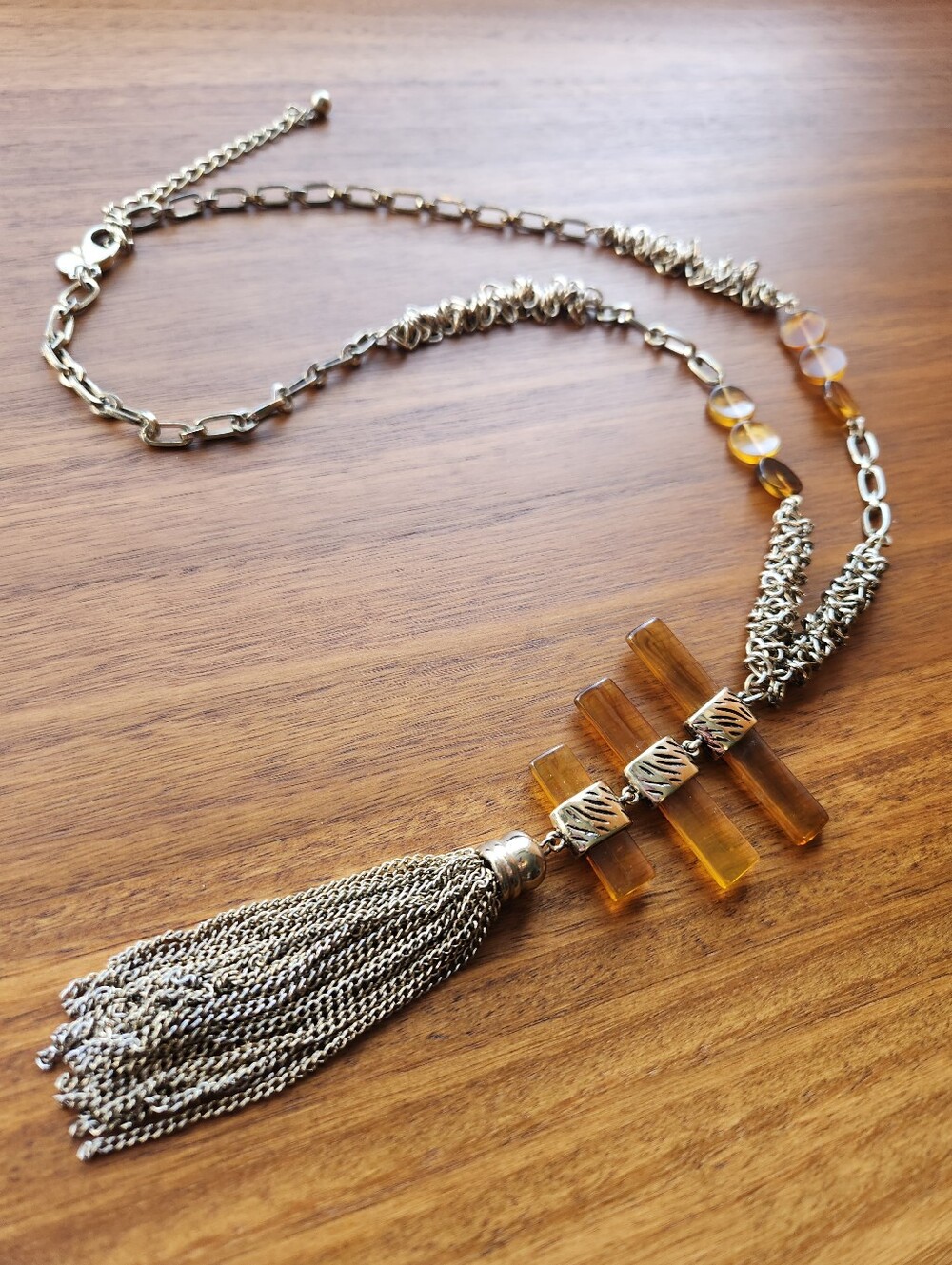 90s CHICO'S BOHO AMBER LUCITE MIXED METAL CHAIN STATEMENT TASSEL LONG NECKLACE - Picture 2 of 8